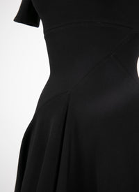 Short-sleeved round-neck flared maxi dress in wool - Black intense