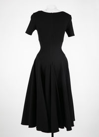 Short-sleeved round-neck flared maxi dress in wool - Black intense