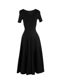 Short-sleeved round-neck flared maxi dress in wool - Black intense