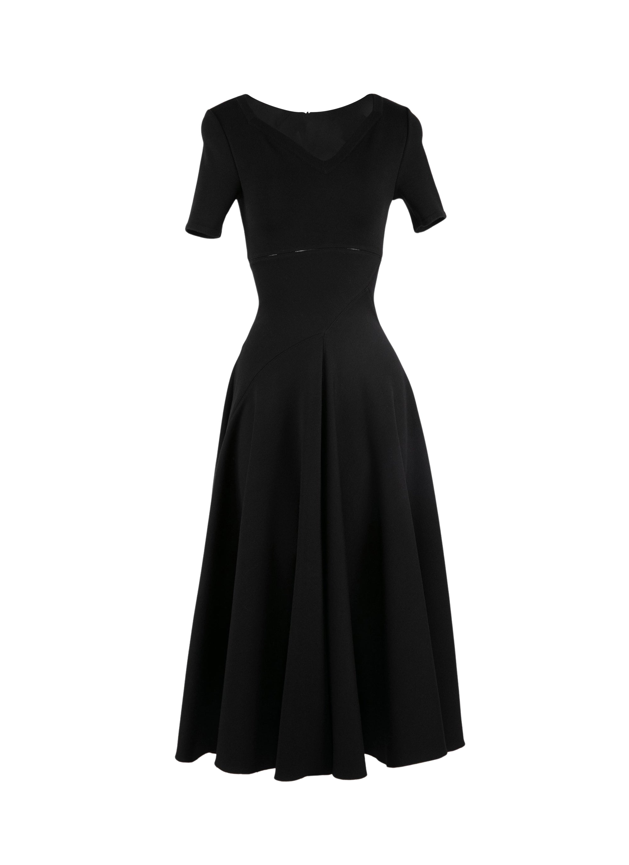 Short-sleeved round-neck flared maxi dress in wool - Black intense