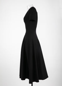 Short-sleeved round-neck flared maxi dress in wool - Black intense