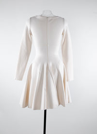 Round-neck flared short dress with long sleeves in wool - White iridescent