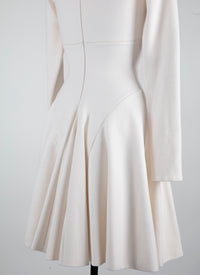 Round-neck flared short dress with long sleeves in wool - White iridescent