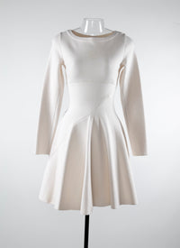 Round-neck flared short dress with long sleeves in wool - White iridescent