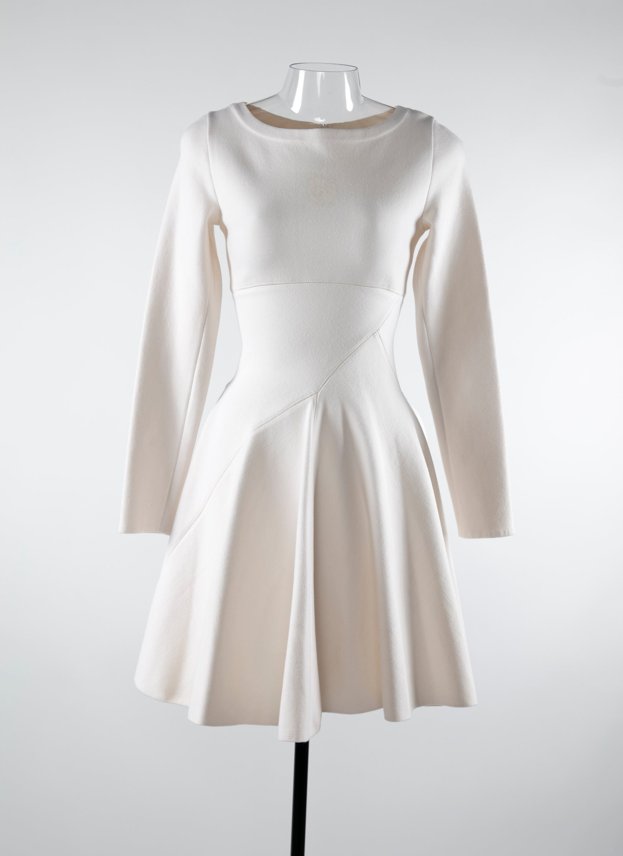 Round-neck flared short dress with long sleeves in wool - White iridescent