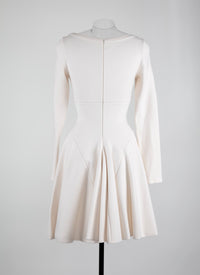 Round-neck flared short dress with long sleeves in wool - White iridescent