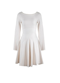 Round-neck flared short dress with long sleeves in wool - White iridescent