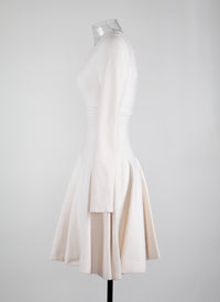 Round-neck flared short dress with long sleeves in wool - White iridescent