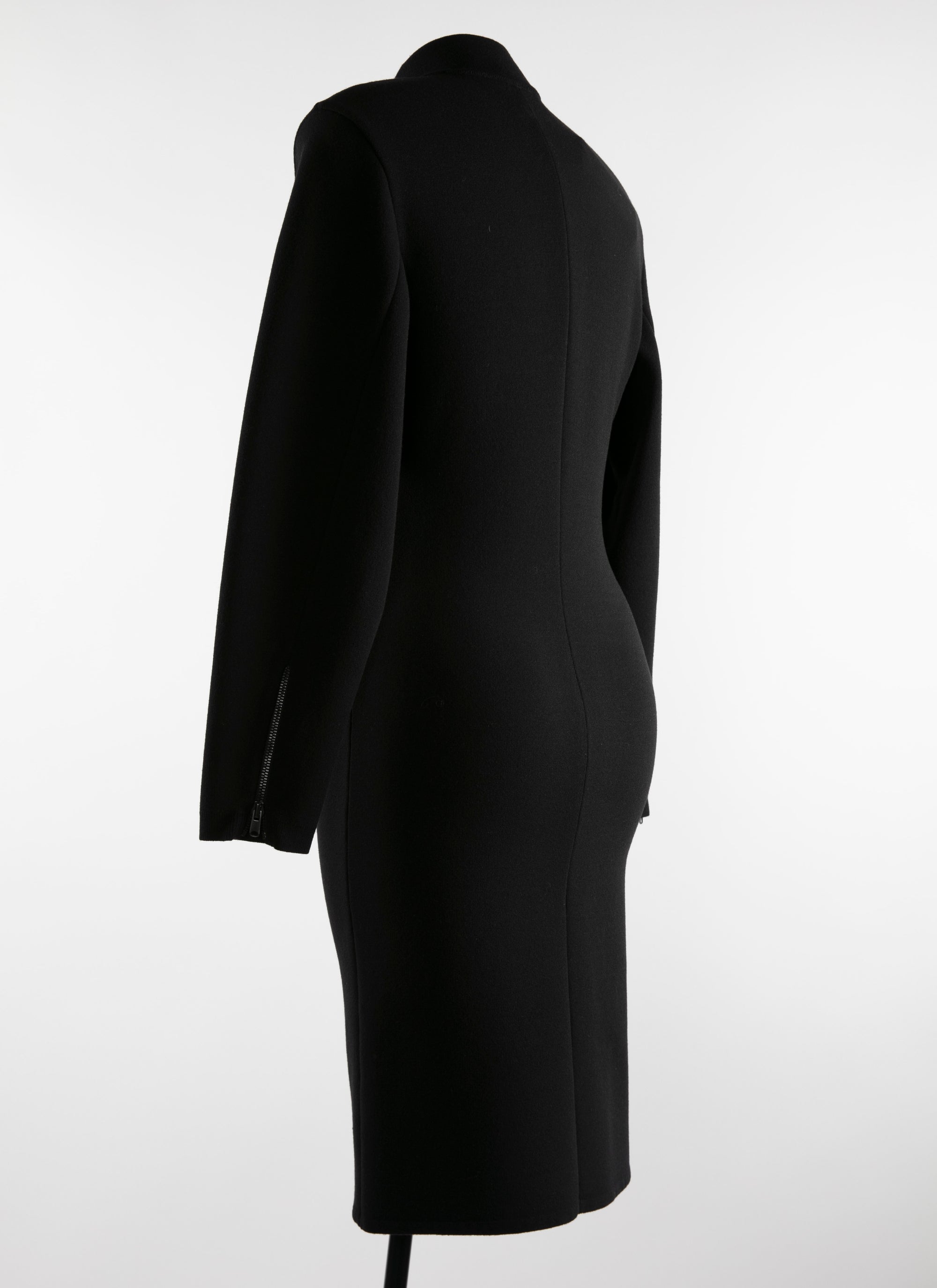 Robe droite zippée à col montant et manches longues en laine - Noir