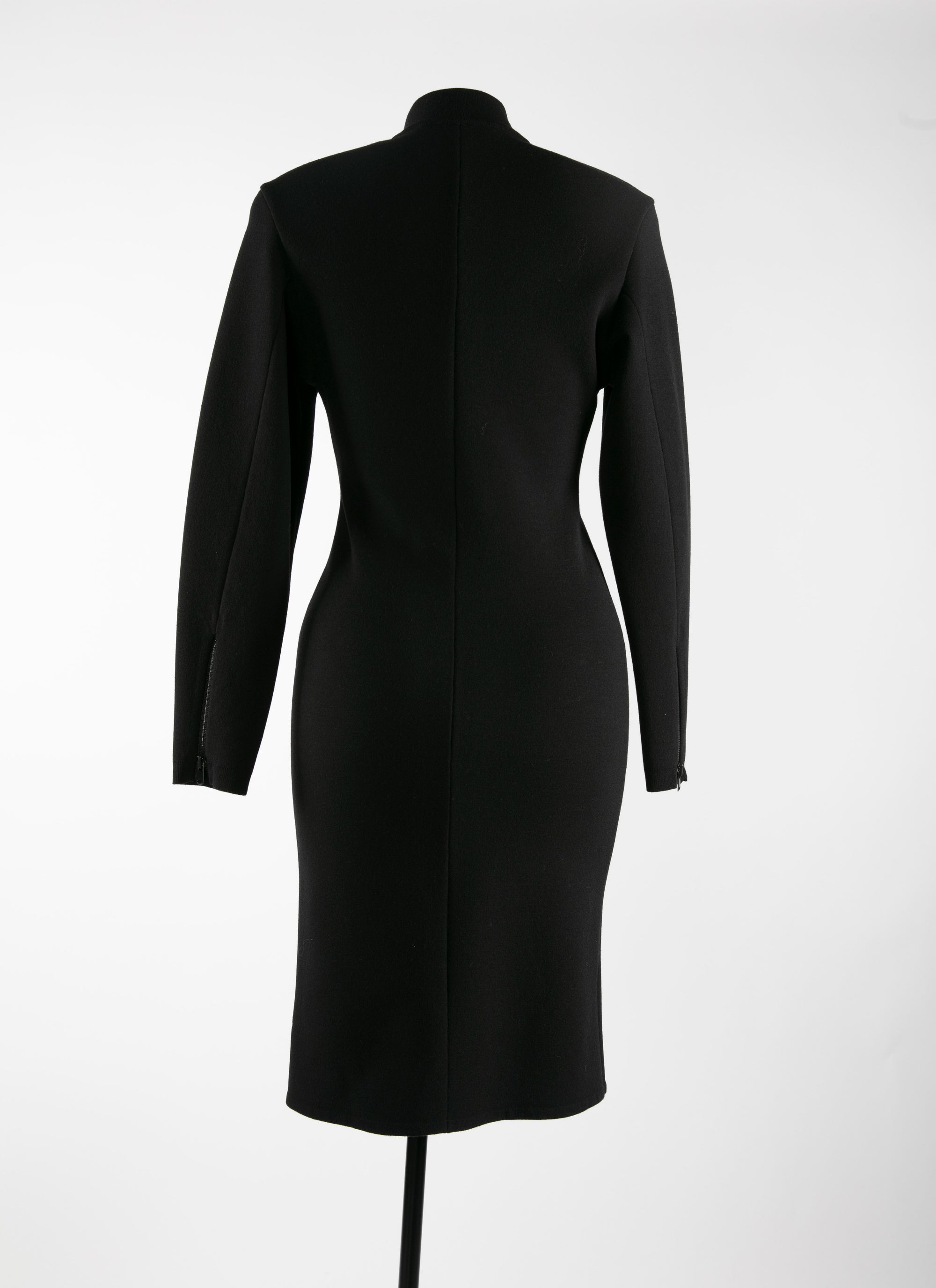 Robe droite zippée à col montant et manches longues en laine - Noir