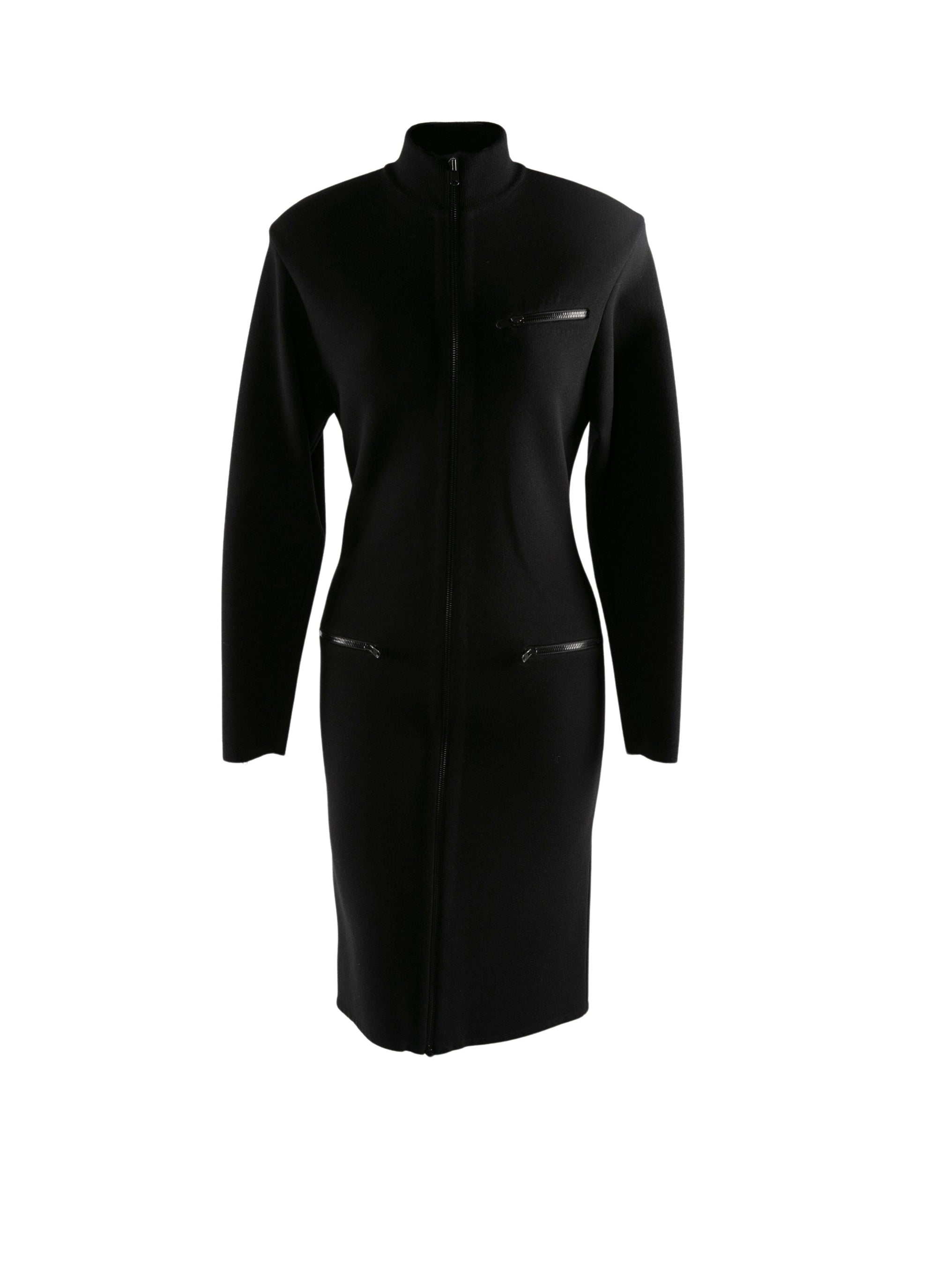 Robe droite zippée à col montant et manches longues en laine - Noir
