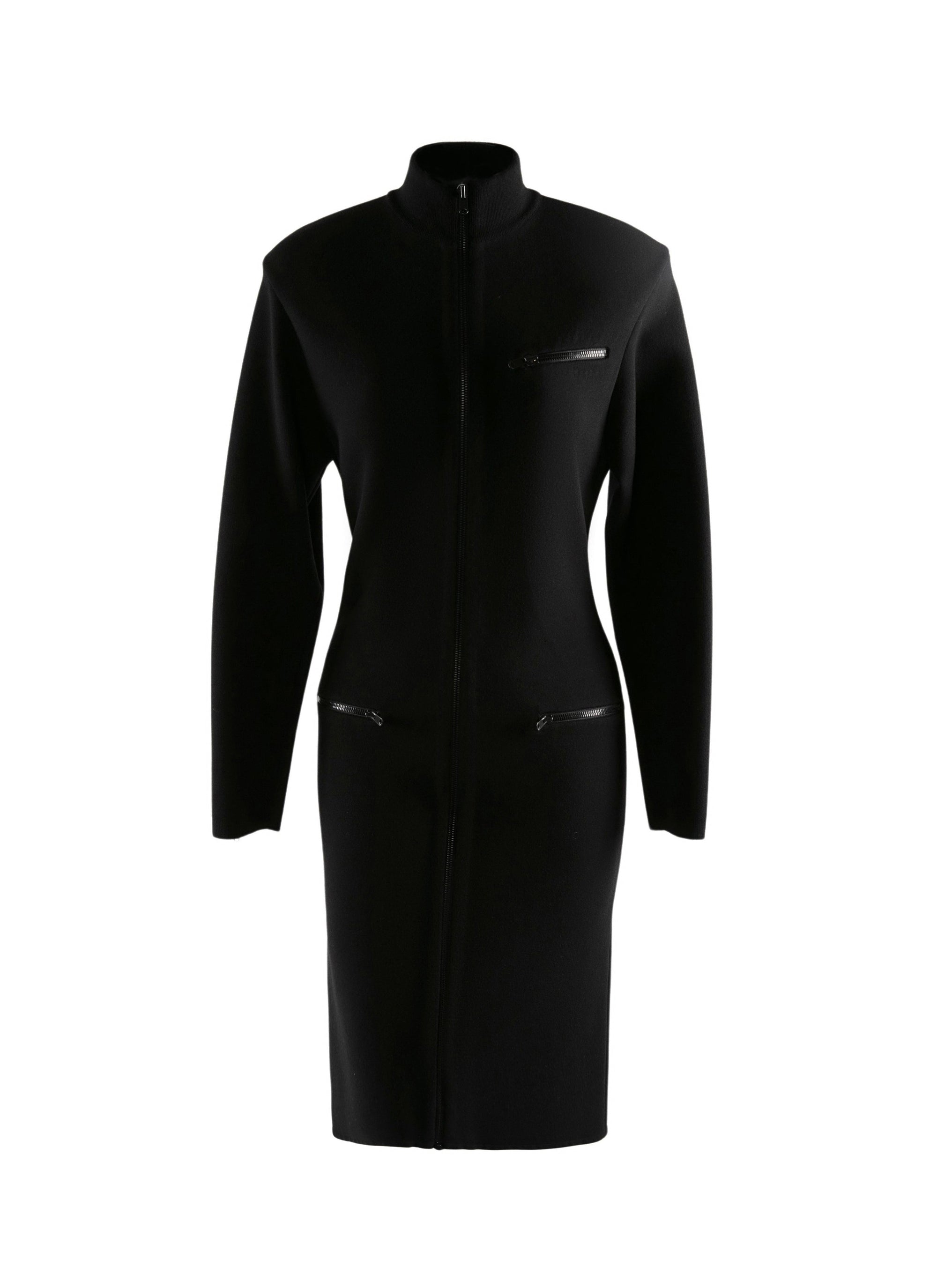 Zip dress with stand-up collar in wool - Black