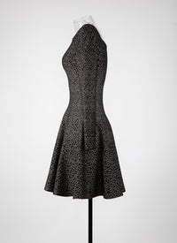 Robe courte évasée imprimé à col bateau et manches longues - Noir & Or