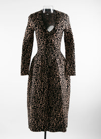 Robe longue évasée imprimé à col v et manches longues en laine - Chair & Noir