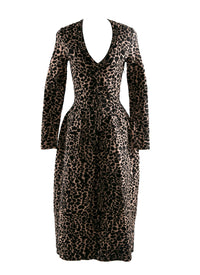 V-neck long dress with long sleeves in wool - Flesh & Black