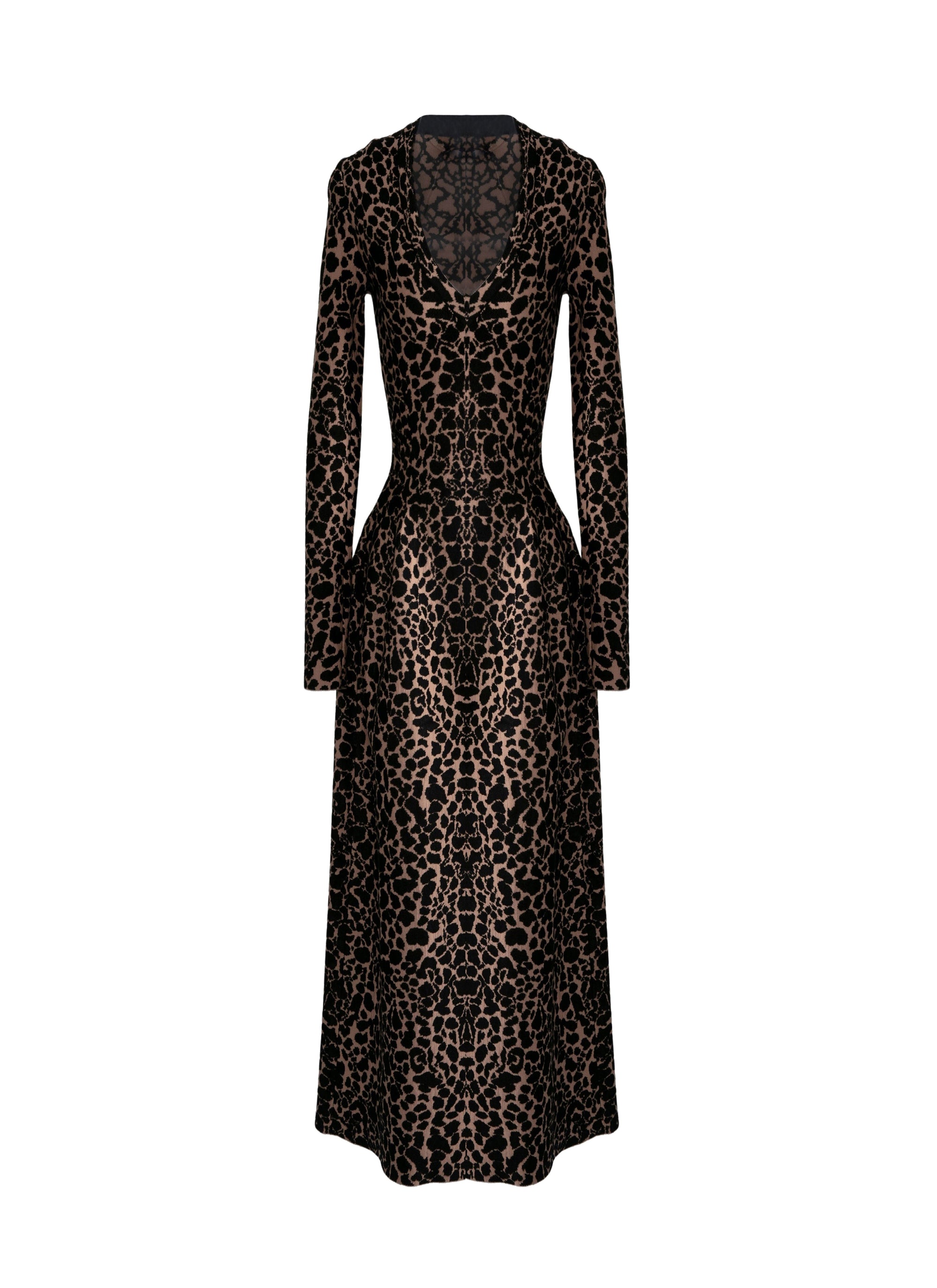 V-neck long dress with long sleeves in wool - Flesh & Black