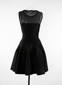 Short sleeveless flared dress with sheer bust - Black intense