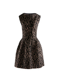 Sleeveless animal print flared short dress in wool - Flesh & Black