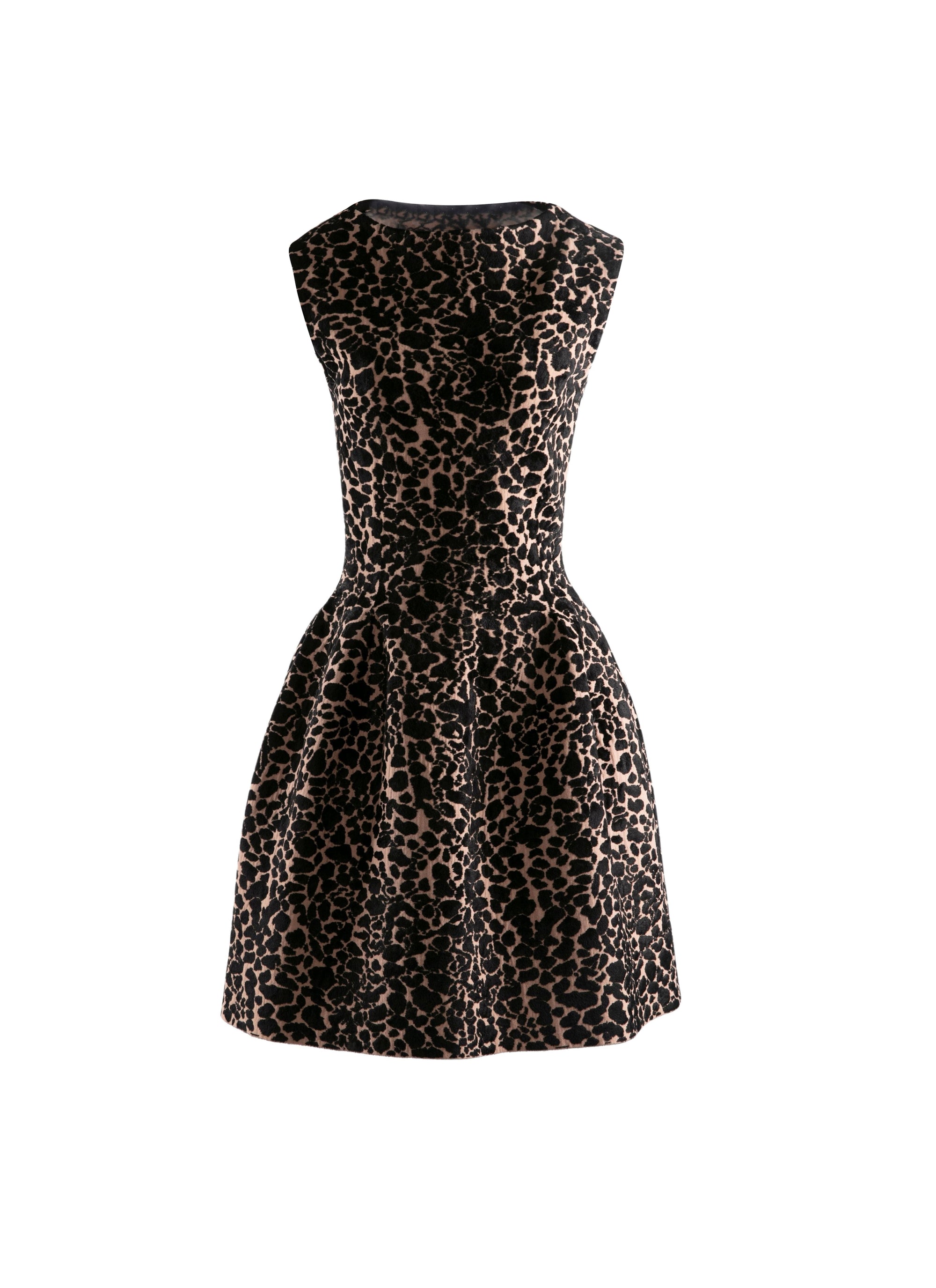 Sleeveless animal print flared short dress in wool - Flesh & Black