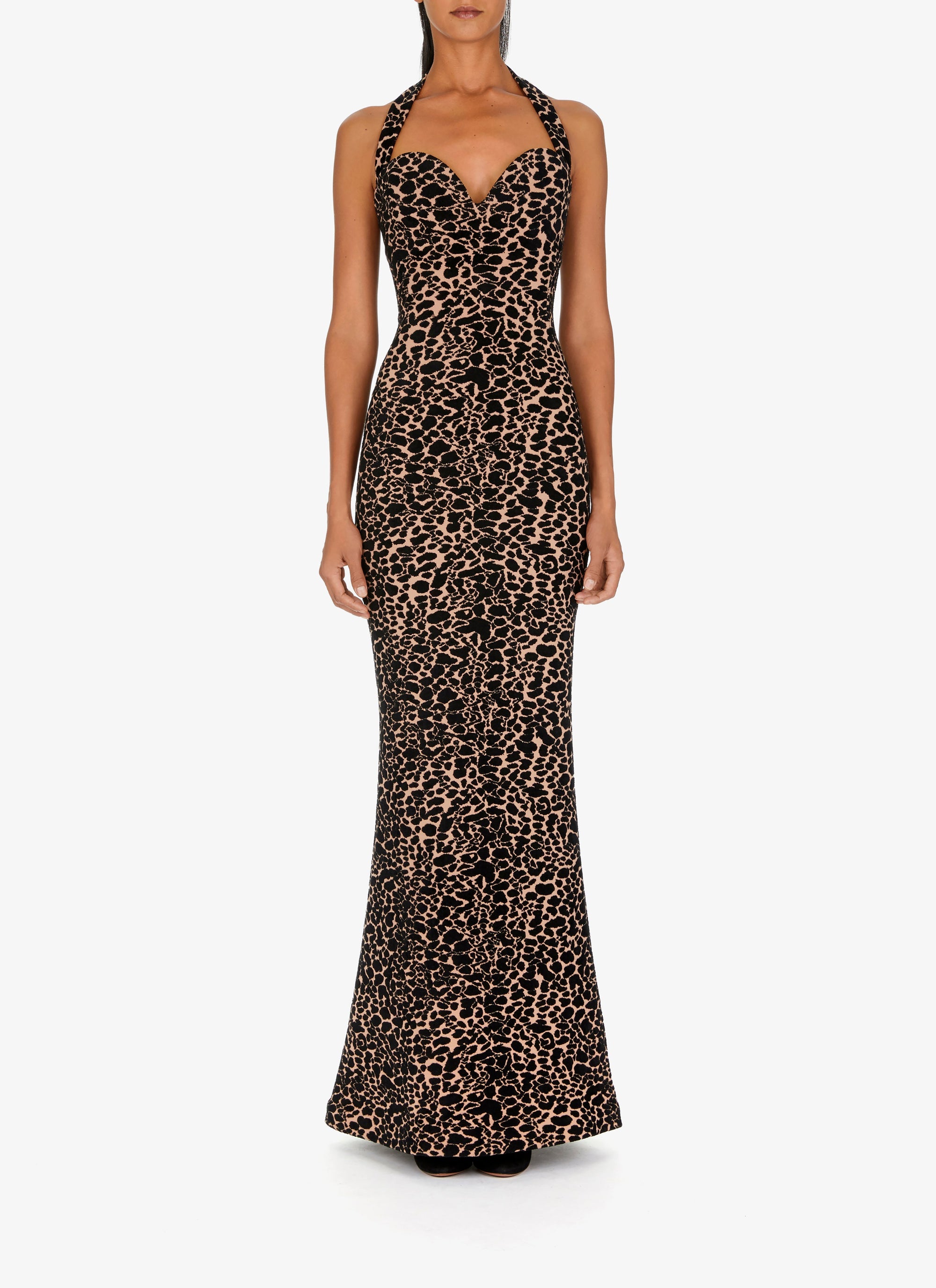 Robe longue bustier à motif panthère en laine - Chair & Noir