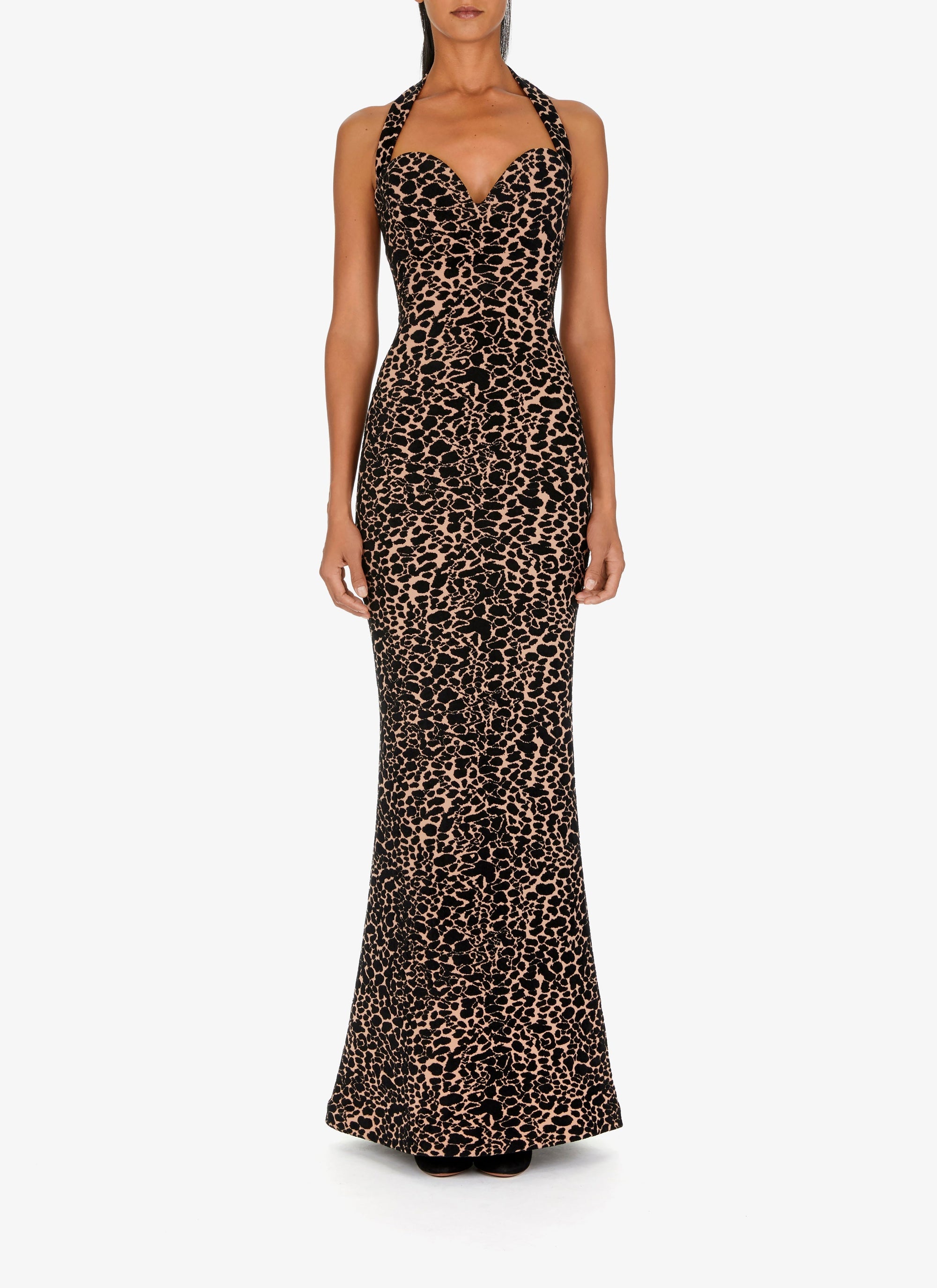 Long strapless panther dress in wool - Flesh & Black