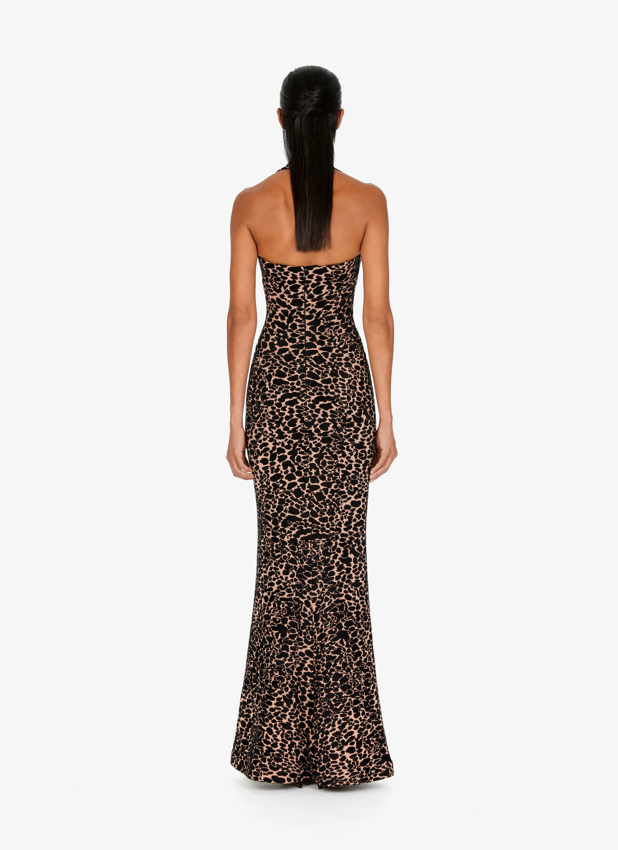 Robe longue bustier à motif panthère en laine - Chair & Noir