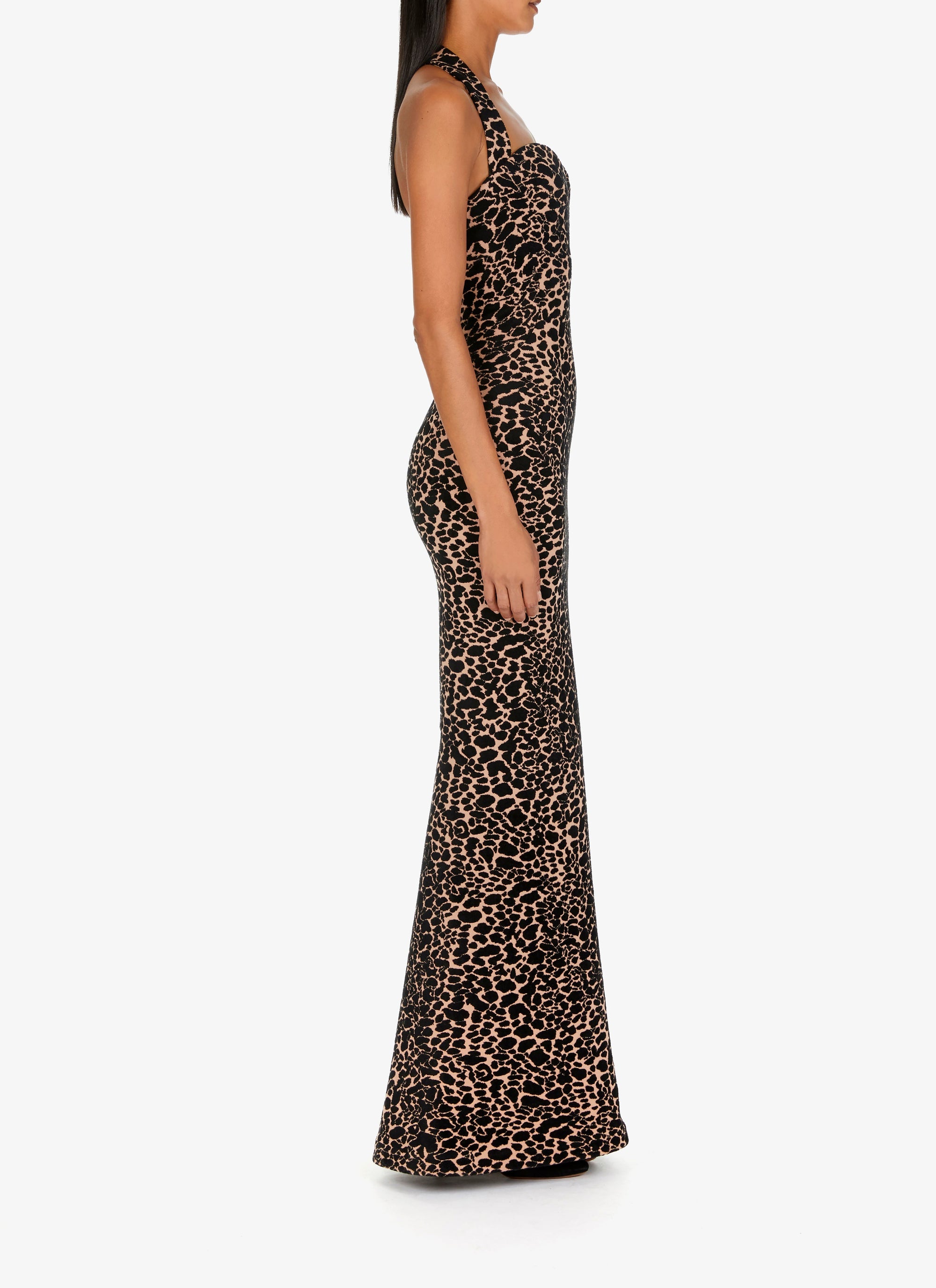 Robe longue bustier à motif panthère en laine - Chair & Noir