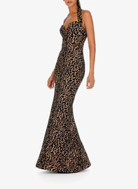 Robe longue bustier à motif panthère en laine - Chair & Noir