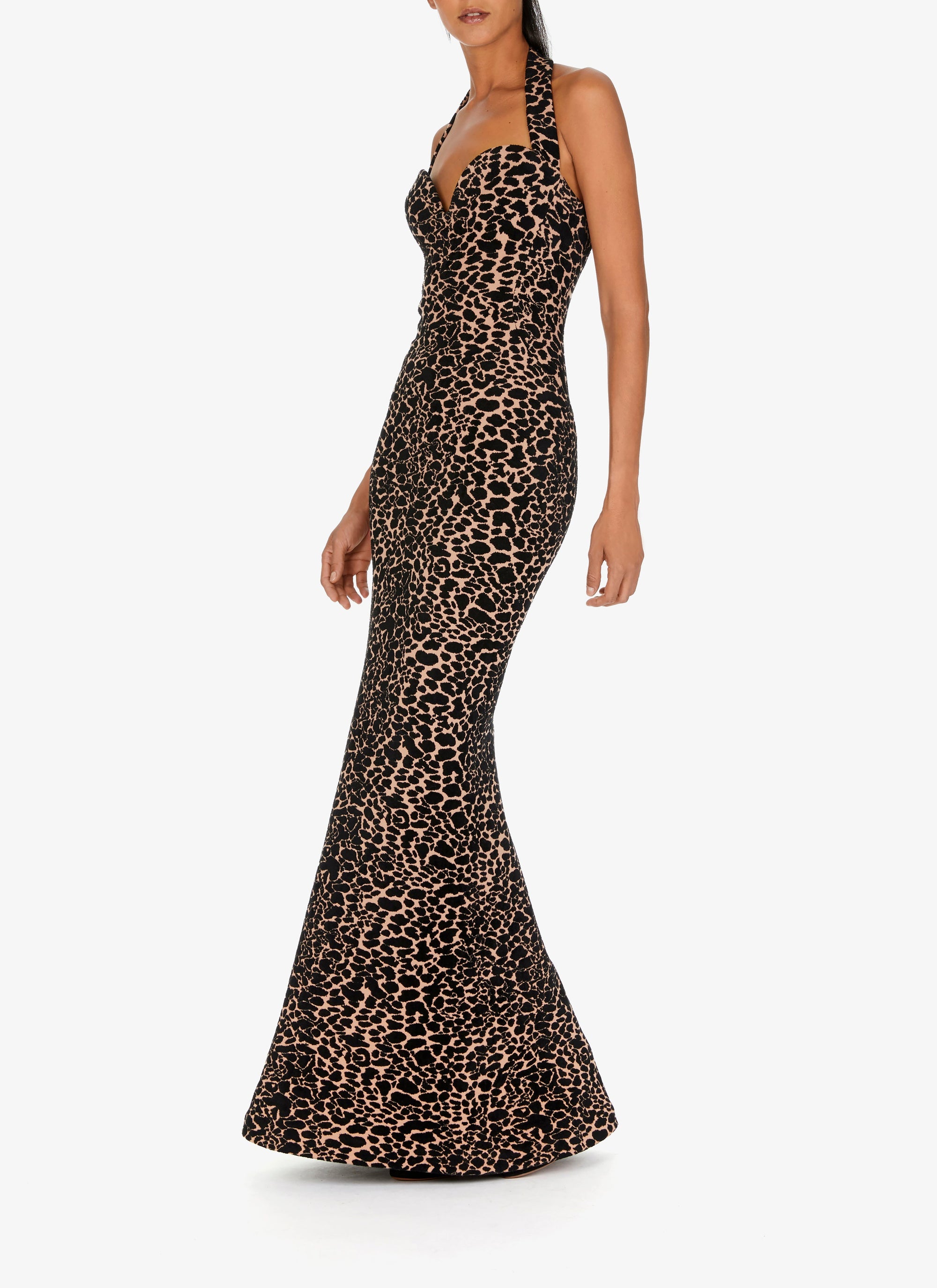 Robe longue bustier à motif panthère en laine - Chair & Noir
