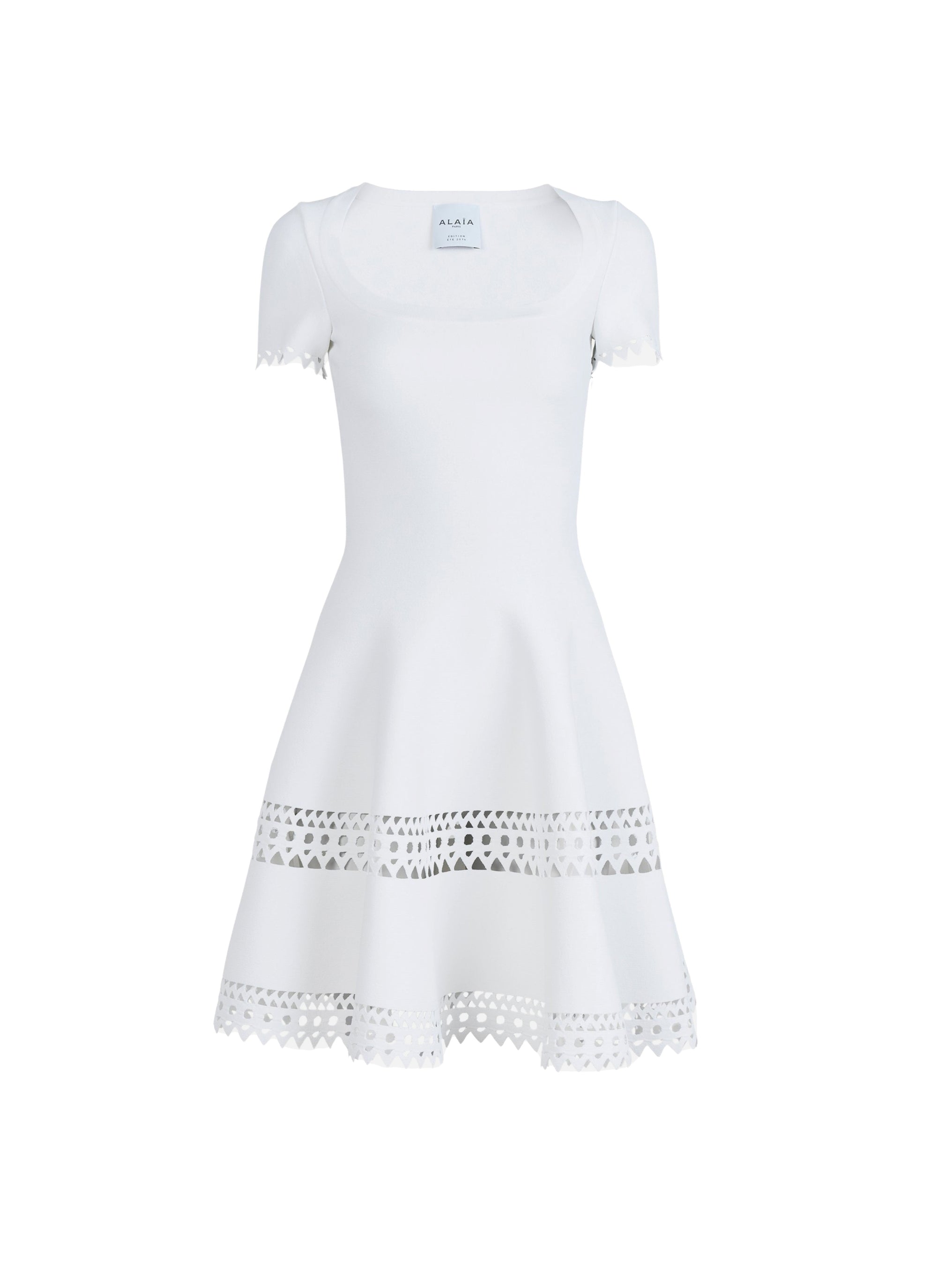Robe courte évasée à bande perforée et manches courtes - Blanc