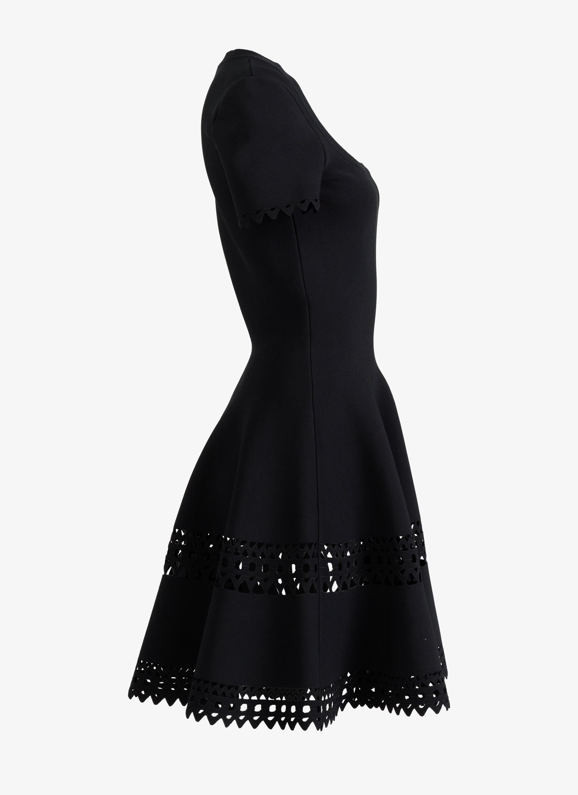 Robe courte évasée à bande perforée et manches courtes - Noir