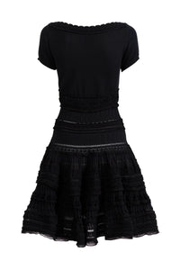 Robe courte évasée détails brodés à manches courtes - Noir