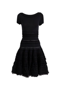 Robe courte évasée détails brodés à manches courtes - Noir