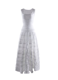 Sleeveless flared maxi dress with embroidered details and square collar - White