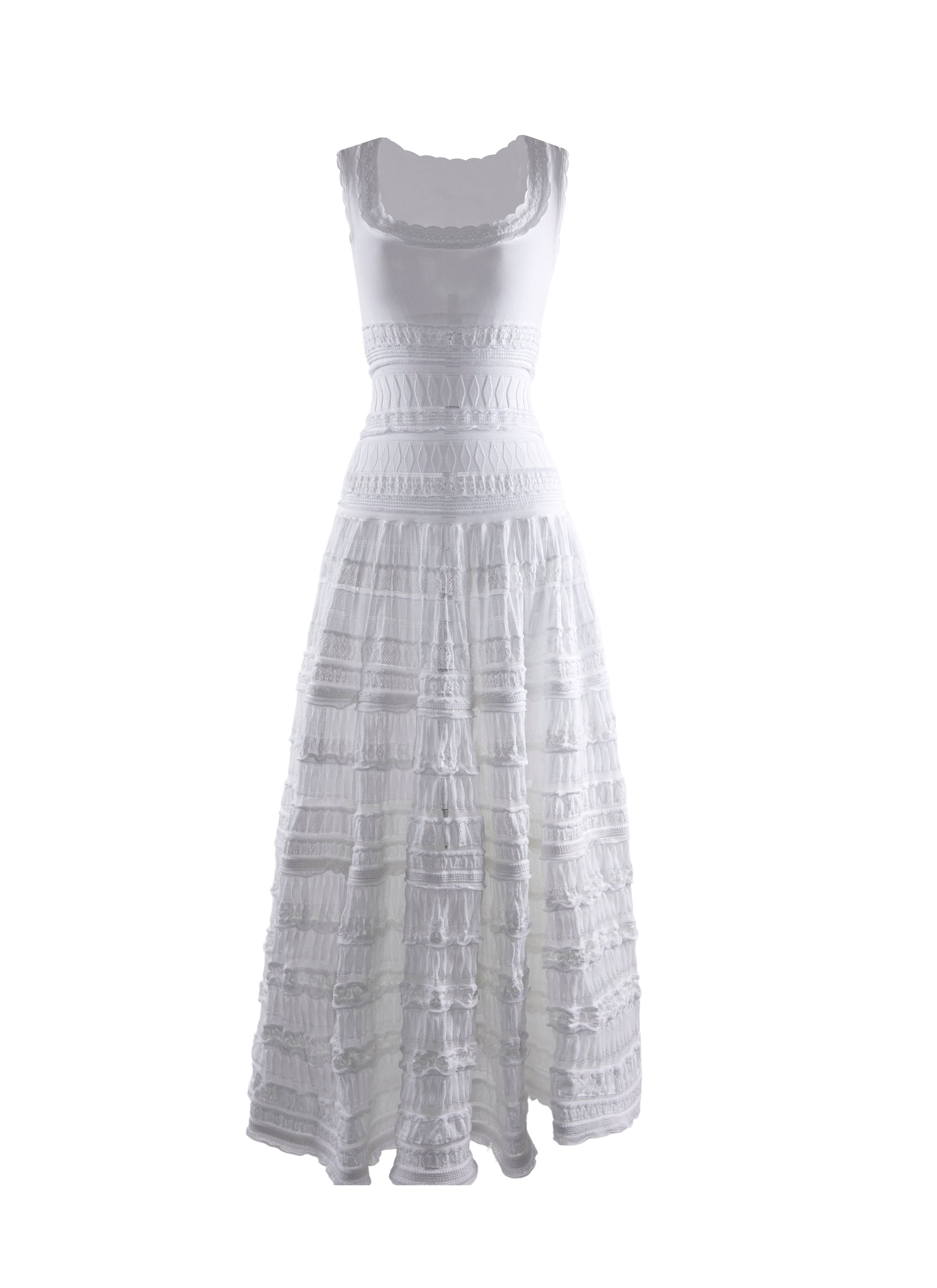 Sleeveless flared maxi dress with embroidered details and square collar - White