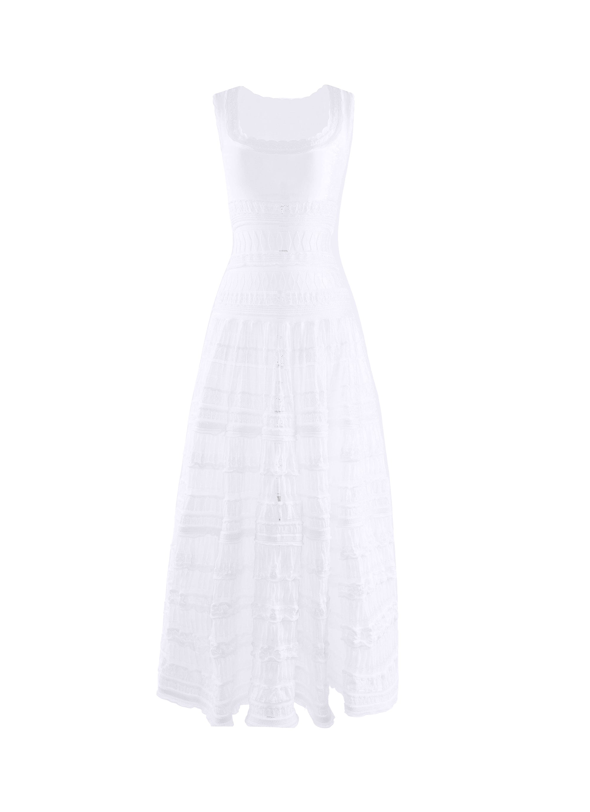 Robe longue évasée à détails brodés et col carré - Blanc