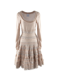 Short dress with embroidered details and long sleeves - Nude
