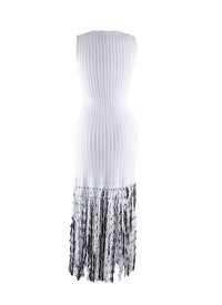 Sleeveless Fringed Pleated Maxi Dress - White & Black