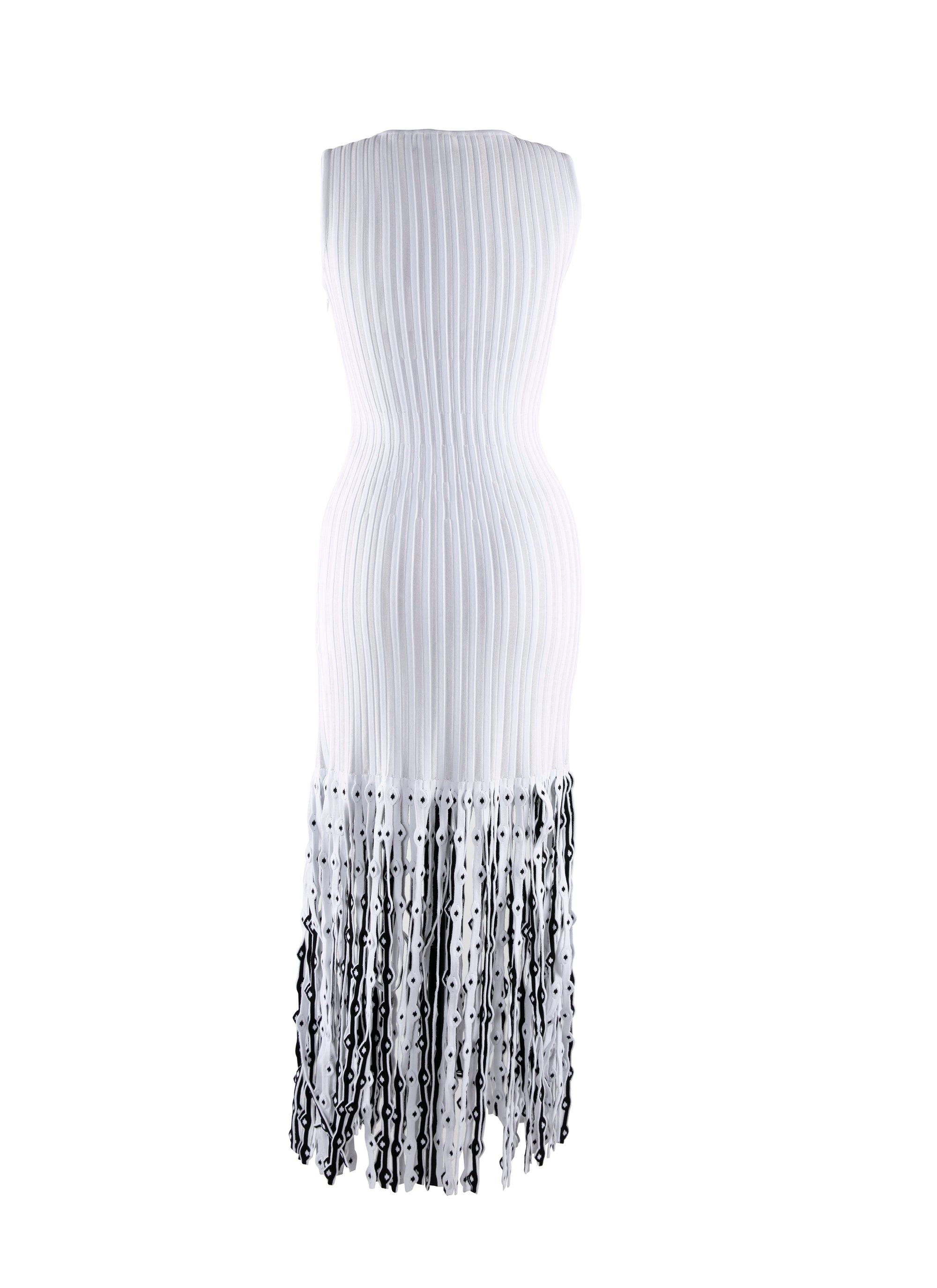Sleeveless Fringed Pleated Maxi Dress - White & Black