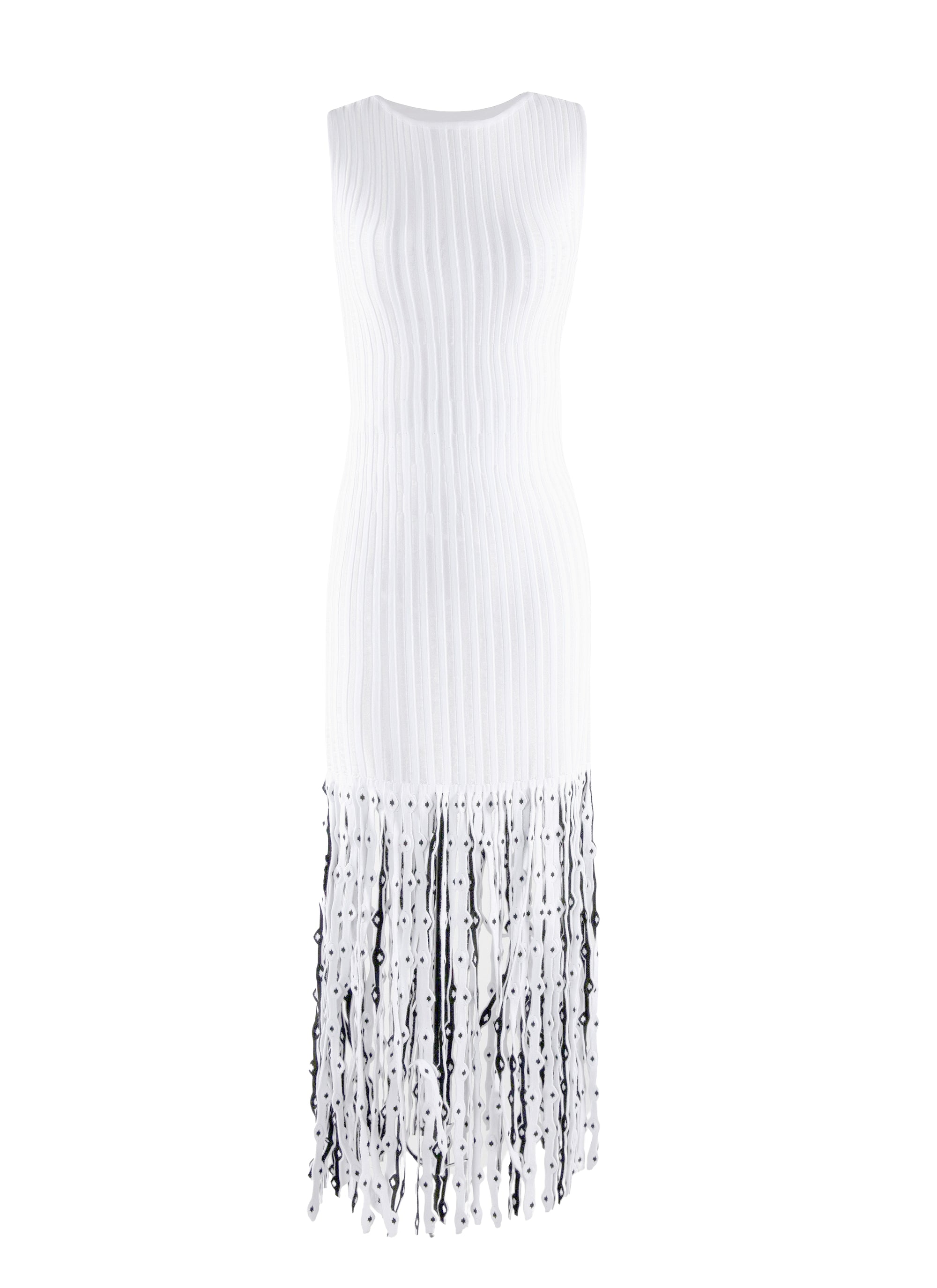Sleeveless Fringed Pleated Maxi Dress - White & Black
