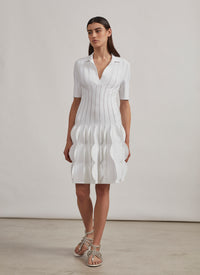 Scalloped knitted polo dress - White