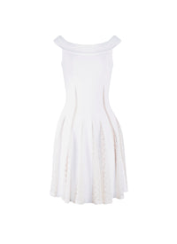 Boat-neck short dress with lace detail - White