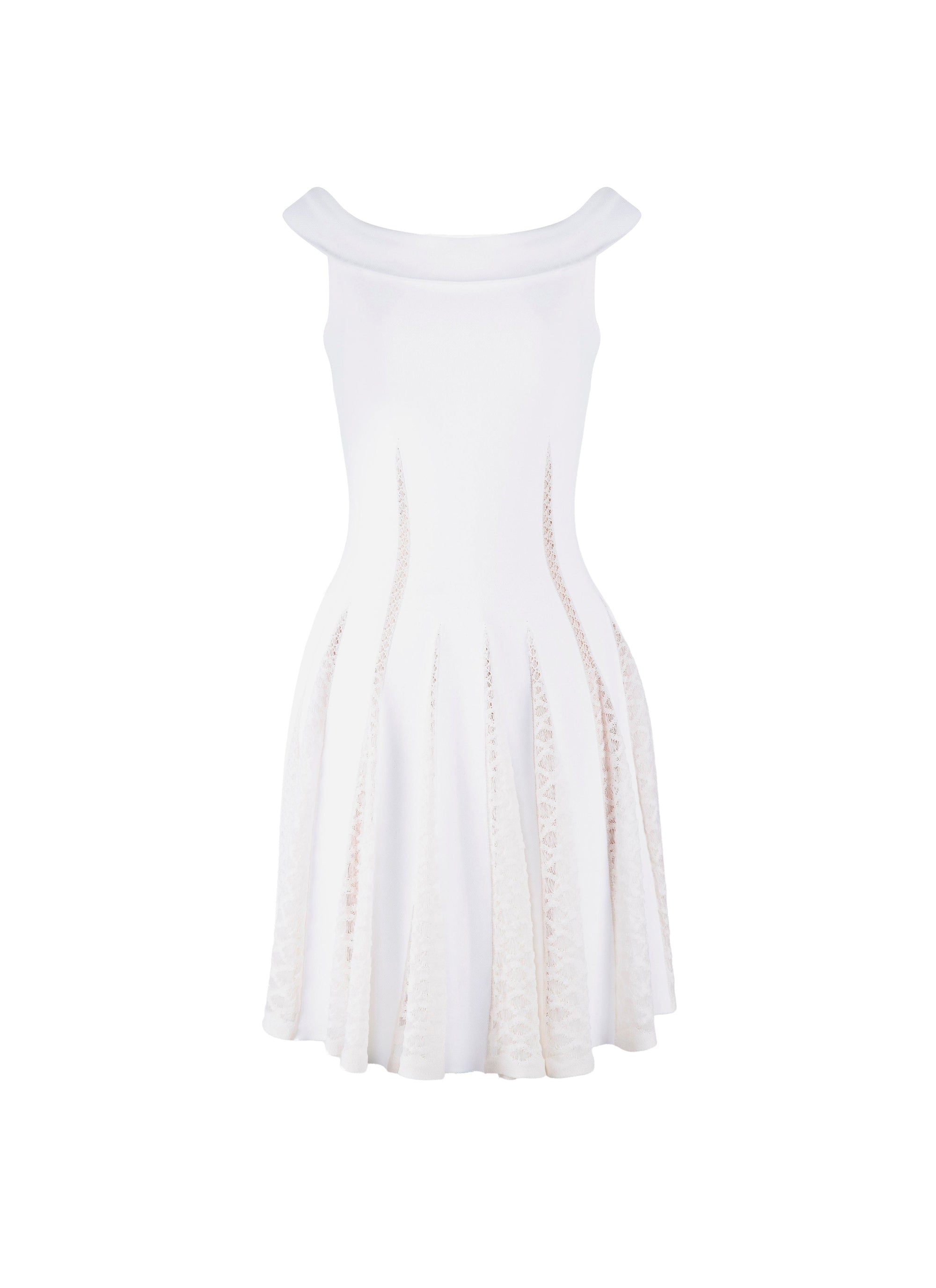Boat-neck short dress with lace detail - White