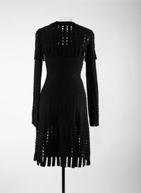 Robe manches longues ajourées et à franges en laine - Noir