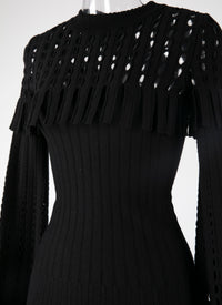 Robe manches longues ajourées et à franges en laine - Noir