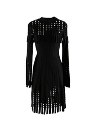 Robe manches longues ajourées et à franges en laine - Noir