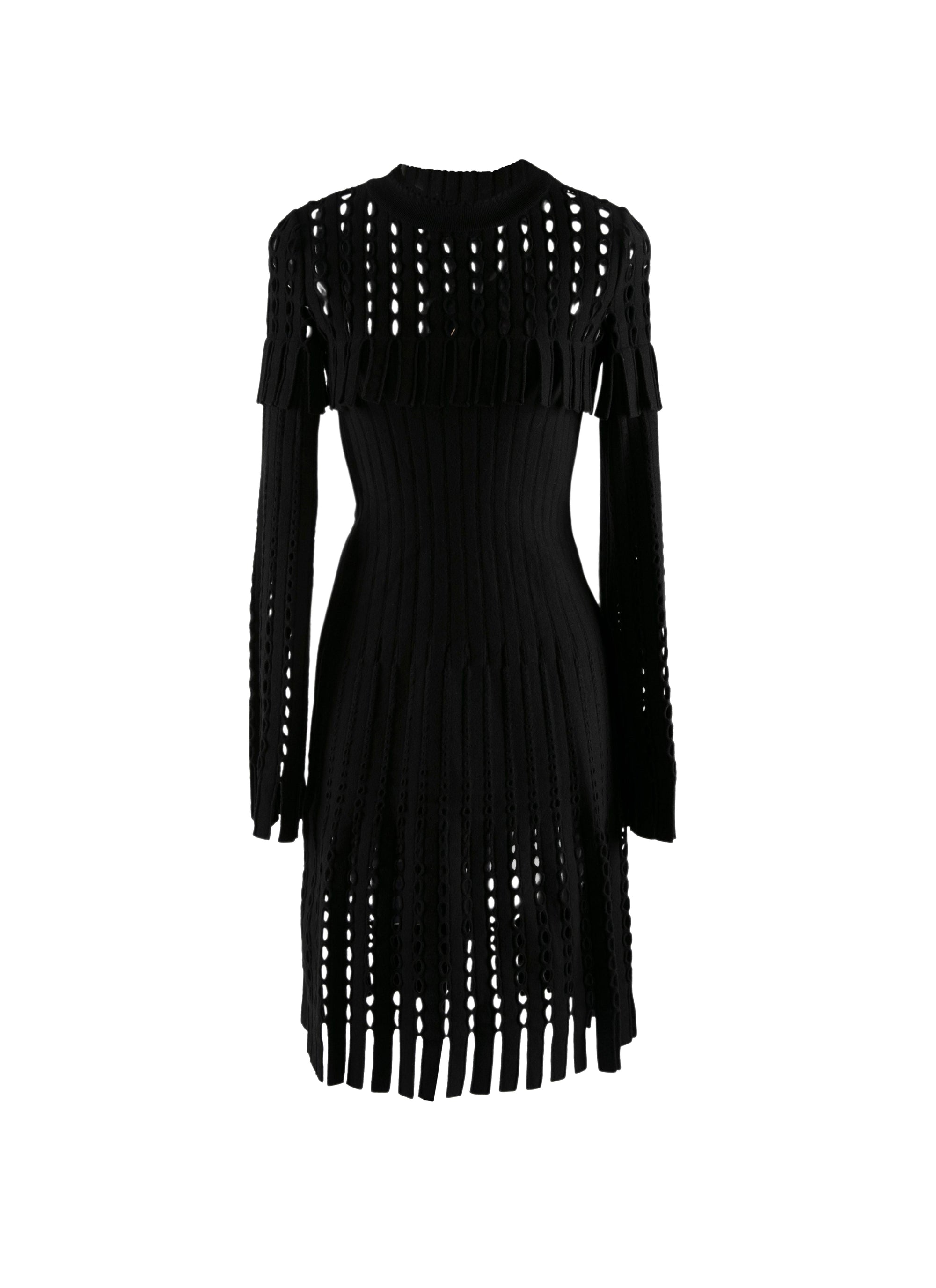 Robe manches longues ajourées et à franges en laine - Noir