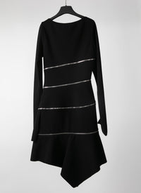 Long-sleeved zipped straight dress in wool - Black intense