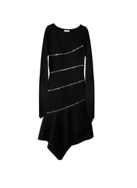 Long-sleeved zipped straight dress in wool - Black intense
