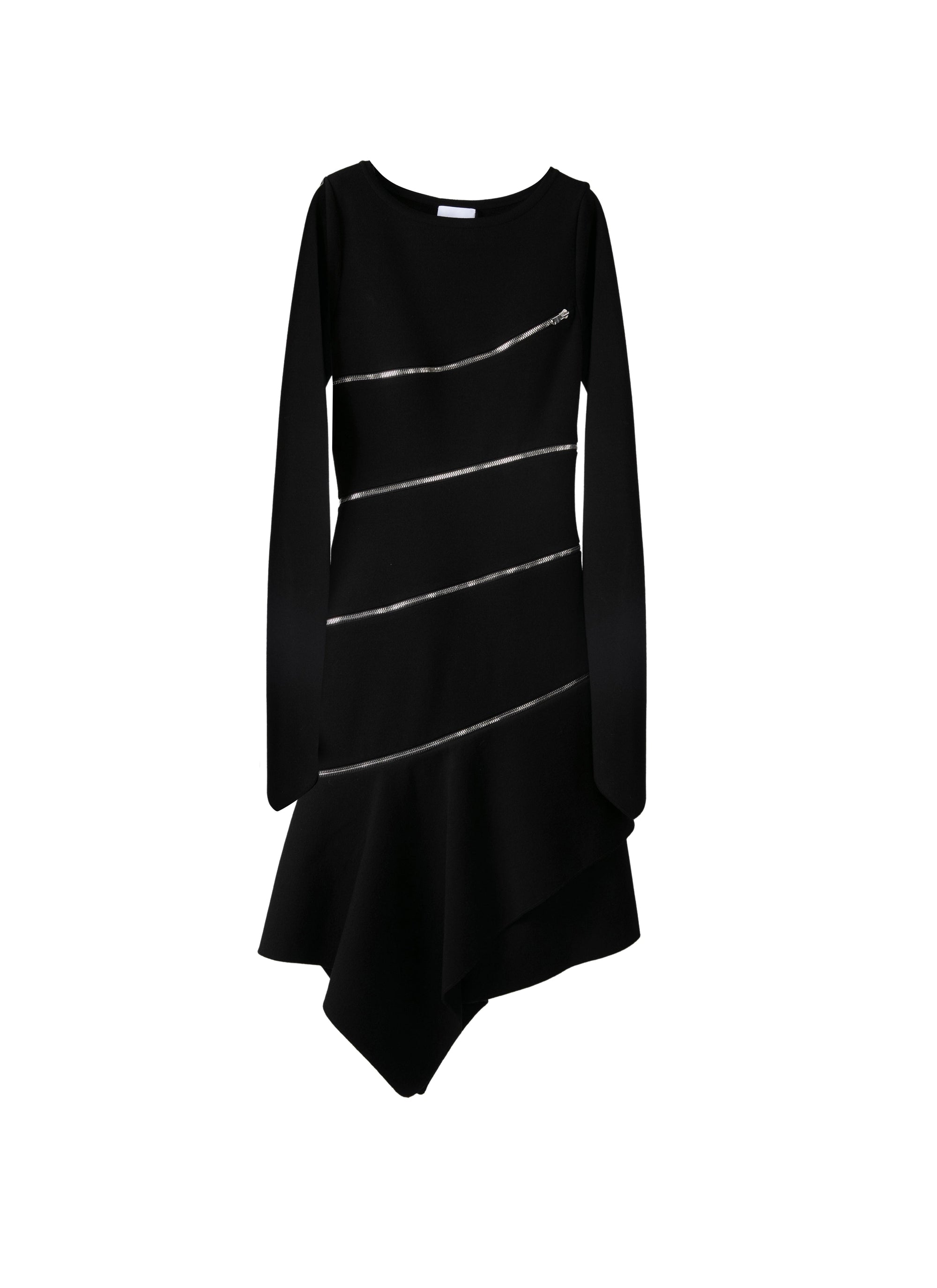 Long-sleeved zipped straight dress in wool - Black intense